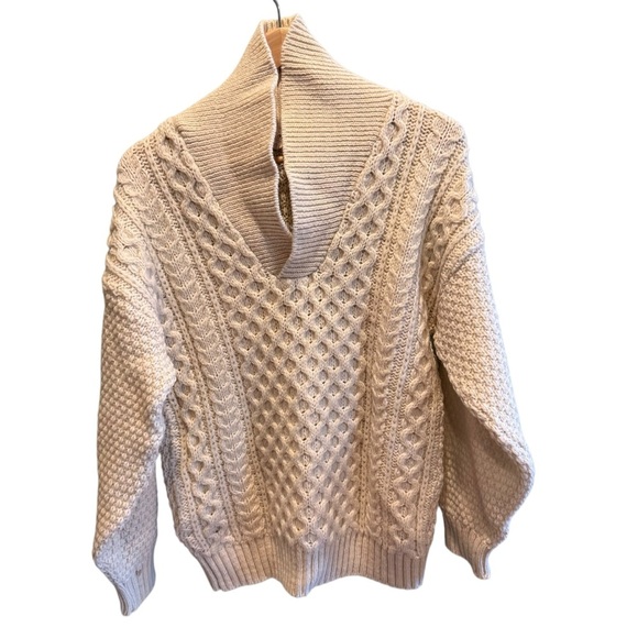 Vintage Cottage Knitwear Aran Wool Sweater Mens S/M Ivory Chunky Cable Fisherman - Picture 11 of 16